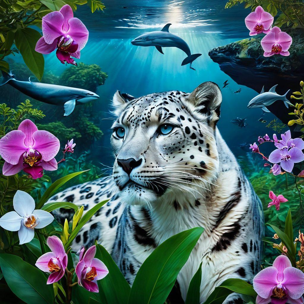 A striking collage showcasing endangered species from IUCN's Red Data Book, prominently featuring a majestic snow leopard, a delicate blue whale, and a vibrant orchid, all set against a fading, natural landscape. The background transitions from lush greenery to desolate terrain, symbolizing their fragile existence. Ethereal lighting enhances the beauty of these beings, evoking a sense of urgency and admiration. surrealism. vibrant colors. soft focus.