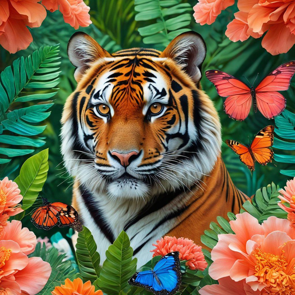 A vibrant collage of diverse endangered species such as a colorful butterfly, a majestic tiger, and a delicate coral reef, set against a backdrop of lush greenery symbolizing conservation efforts. Include gentle hands nurturing a seedling to represent hope and protection. Bright colors to evoke a sense of beauty and urgency in preserving biodiversity. super-realistic. vibrant colors. 3D.