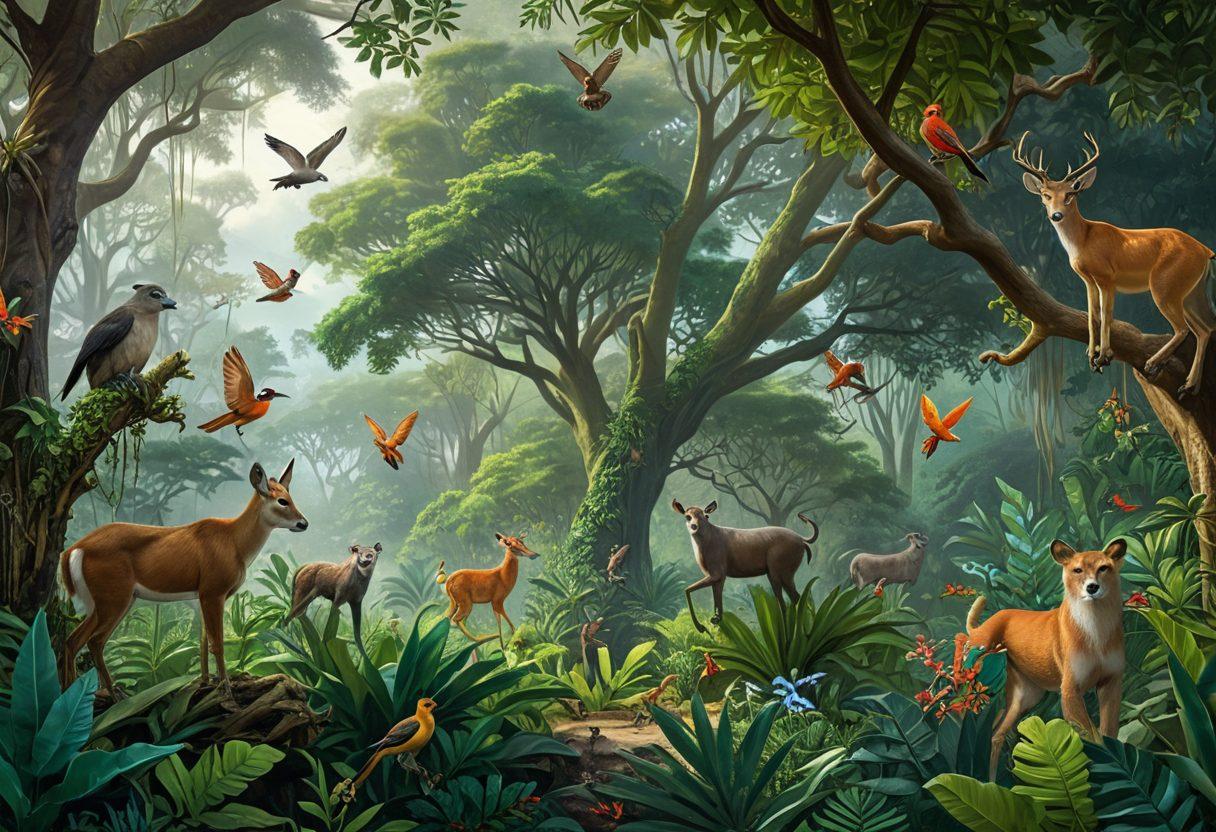 A vibrant scene showcasing diverse flora and fauna, with dedicated conservation heroes, individuals of different backgrounds, actively engaging in protecting endangered species in a lush, green environment. Include a variety of animals, like colorful birds, playful monkeys, and a gentle deer, as well as lush, exotic plants. The mood should be hopeful and inspiring, capturing the essence of teamwork in conservation efforts. super-realistic. vibrant colors. lush background.